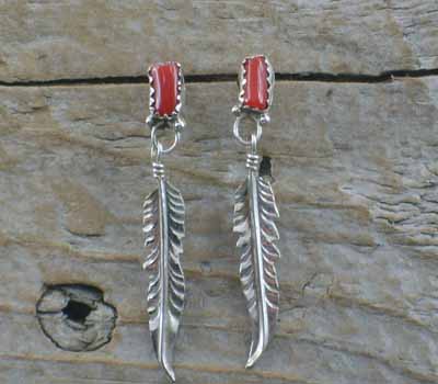 Native American Earrings Sterling Feather Coral